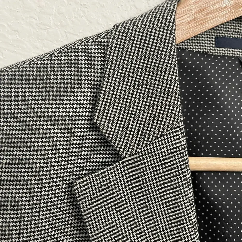 Jos A Bank Linen Cotton Houndstooth Blazer‎ 40L Tailored Fit Elbow Patches Black